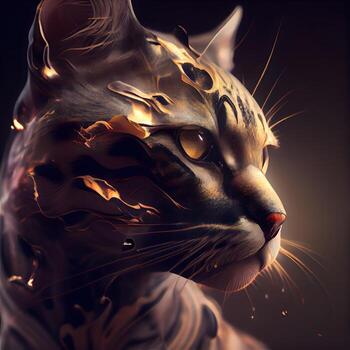3d rendering of a beautiful cat with golden skin on a black background, Image photo