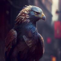 Portrait of a golden eagle on the background of the city., Image photo
