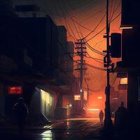 hombre caminando en un brumoso calle a noche. 3d representación, ai generativo imagen foto