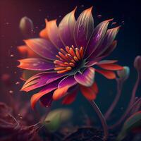 3d ilustración de un hermosa flor en un oscuro antecedentes con agua gotas, ai generativo imagen foto