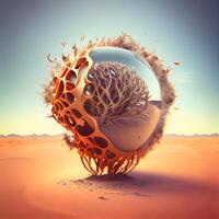 3d rendering of an abstract planet in the middle of the desert, Image photo