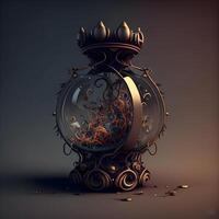 Alarm clock with a crown on a dark background. 3d rendering, Image photo