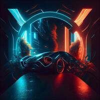 Car in the tunnel. Night city. 3D rendering. Neon lights., Image photo