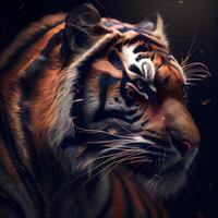 Portrait of a tiger with fire on a dark background. Digital painting., Image photo