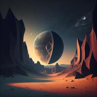 Fantasy alien planet. Mountain and moon. 3D illustration., Image photo