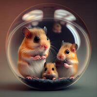 Hamsters in a glass sphere. 3d illustration. Studio shot., Image photo