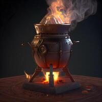 Old copper stove with fire and smoke on a dark background. 3d illustration, Image photo