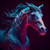 Beautiful horse with long mane in red and blue neon light, Image photo