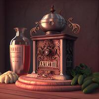 3d illustration of an antique coffee grinder on a wooden table, Image photo