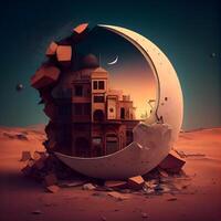 3d illustration of an old building in the desert with a crescent moon, Image photo