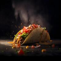 Taco with meat, vegetables and cheese on a black background., Image photo