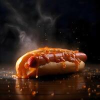 caliente perro con salsa de tomate y mostaza en un de madera antecedentes con fumar, ai generativo imagen foto