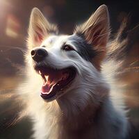 Portrait of a cute dog on a background of the sun., Image photo