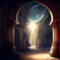 Mystical arabic interior with moon and stars. 3D rendering, Image photo