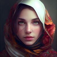 Portrait of a beautiful young woman in a headscarf., Image photo