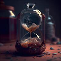 3d representación de un antiguo reloj de arena en un oscuro fondo., ai generativo imagen foto