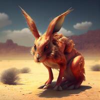 3D rendering of a hare in the desert with red skin, Image photo