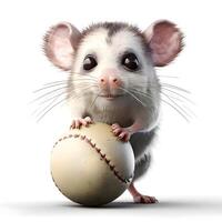 3D rendering of a cute little rat with baseball ball isolated on white background, Image photo