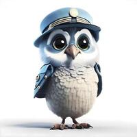 A cute owl in a police hat and a blue jacket. White background., Image photo