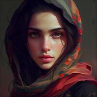 Portrait of a beautiful girl with a red scarf on her head, Image photo