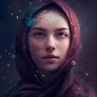 Portrait of a beautiful girl with a red scarf on her head., Image photo