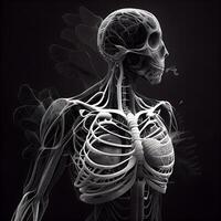 humano esqueleto anatomía, 3d prestar, negro y blanco, médico fondo, ai generativo imagen foto