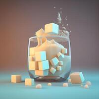 3d illustration of a glass of water with cubes and splashes, Image photo