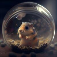 Hamster in a glass jar on a dark background. 3D rendering, Image photo