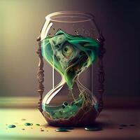 Hourglass with green and blue liquid inside. 3D rendering., Image photo