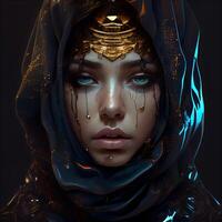 Portrait of a beautiful young woman in a black hijab. 3d rendering, Image photo