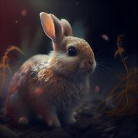 Rabbit in the dark forest. Animal in the forest. 3d rendering, Ai Generative Image photo