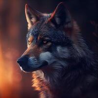 Portrait of a wild wolf in the forest. Digital painting., Image photo