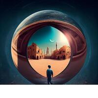 Man looking at mosque through a hole in the stone. 3d rendering, Image photo