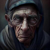 Portrait of an old woman with a sad face. Horror theme., Image photo