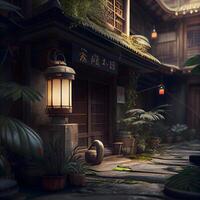 3D rendering of a Chinese traditional house with a lantern and plants, Image photo