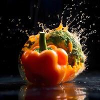 Fresh orange paprika with water splash on black background, close up, Image photo