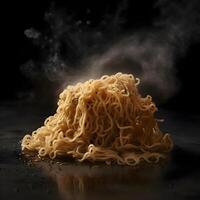 Dry instant noodle in black bowl with steam on black background, Image photo