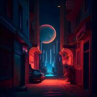 Night city street with neon lights and lanterns. 3d rendering, Image photo