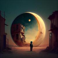 Conceptual image of a man standing in front of the moon, Image photo