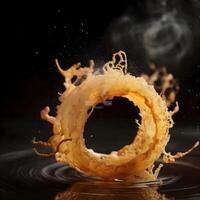 Falling donut with splashes of milk on a black background, Image photo