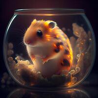 Hamster in a glass aquarium. Close up of a hamster in a glass bowl., Image photo