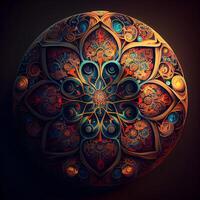 Circle ornament with mandala on dark background. illustration., Ai Generative Image photo