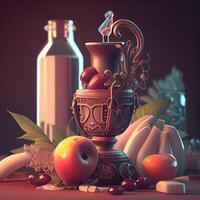 Still life with fruits and bottle of wine. 3D illustration., Image photo