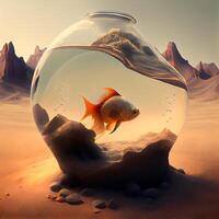 acuario con pez de colores en el desierto. 3d representación, ai generativo imagen foto