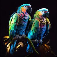 Colorful macaw parrots on a black background. 3d rendering, Image photo