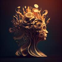 Abstract human head with musical notes on dark background. illustration., Image photo