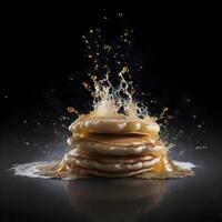 Pancakes with honey and caramel on a dark background, close up, Image photo