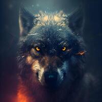 Portrait of a wolf in the dark with fire and smoke., Image photo