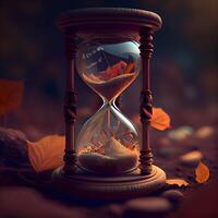 Hourglass with autumn leaves on dark background. 3D illustration., Image photo