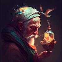 Portrait of an old man with a lantern in his hand., Image photo